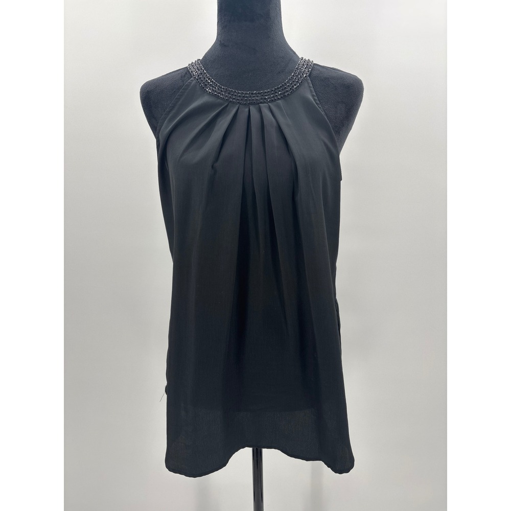 New York & Company Womens Small‎ Black Beaded Neckline Pleated Halter Blouse Top